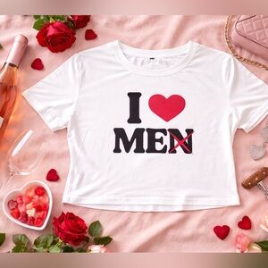 I ❤️ ME(N) Cropped Graphic Crop Tee | White Valentine Statement Shirt | XL